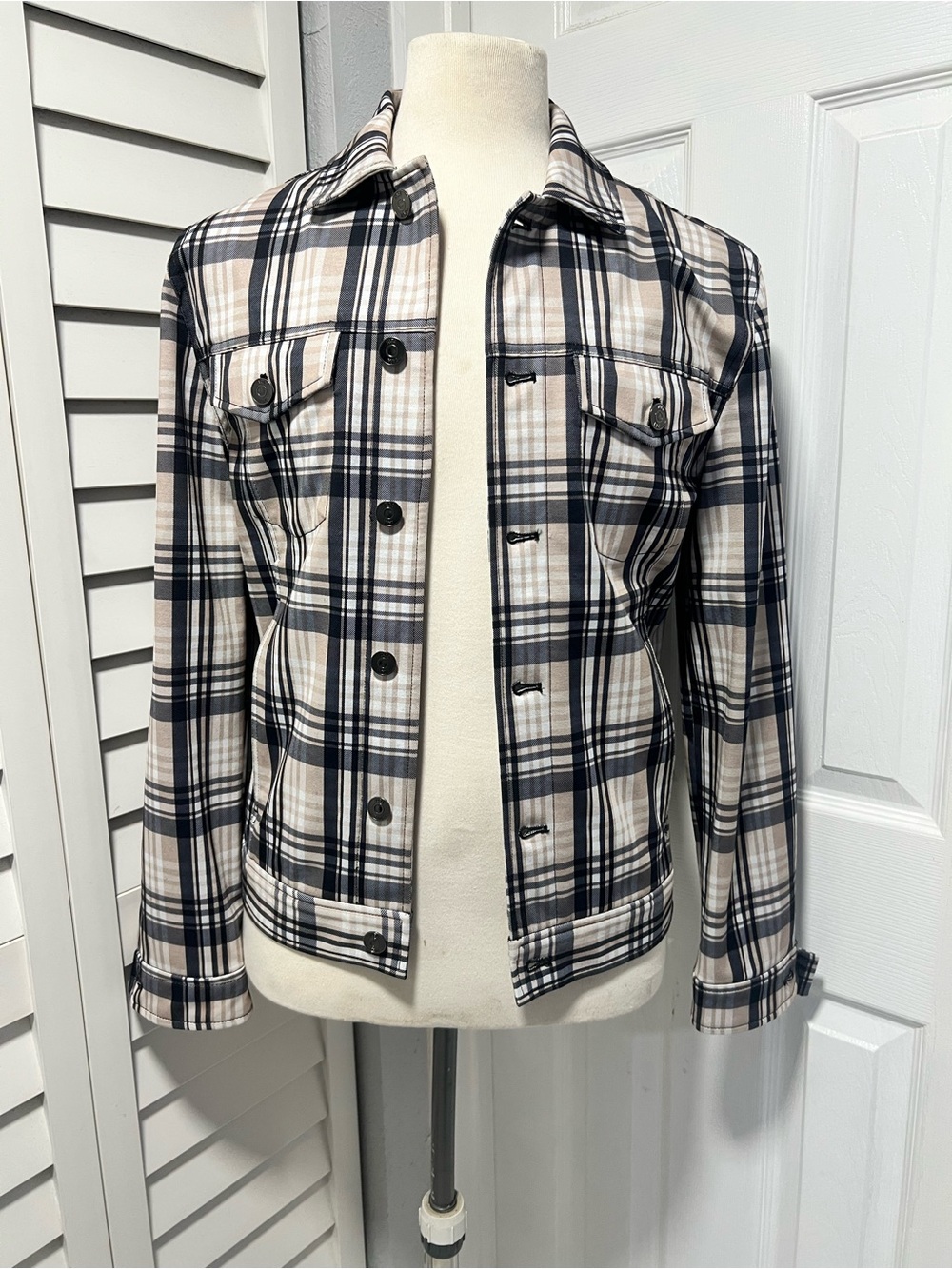 Zara Navy, Tan and Off White Plaid Button-Front Jean Jacket